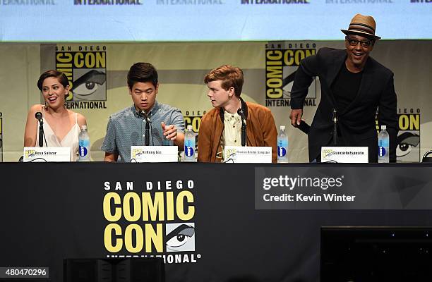 Actors Rosa Salazar, Ki Hong Lee, Thomas Brodie-Sangster, Giancarlo Esposito and speak onstage at the 20th Century FOX panel during Comic-Con...