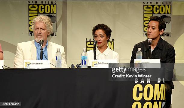 Actors Clancy Brown, Ruth Negga and Daniel Wu speak onstage at the Legendary Pictures panel during Comic-Con International 2015 the at the San Diego...