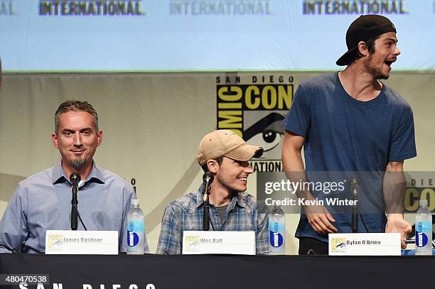 Writer James Dashner, director Wes Ball and actor Dylan O'Brien speak onstage at the 20th Century FOX panel during Comic-Con International 2015 at...