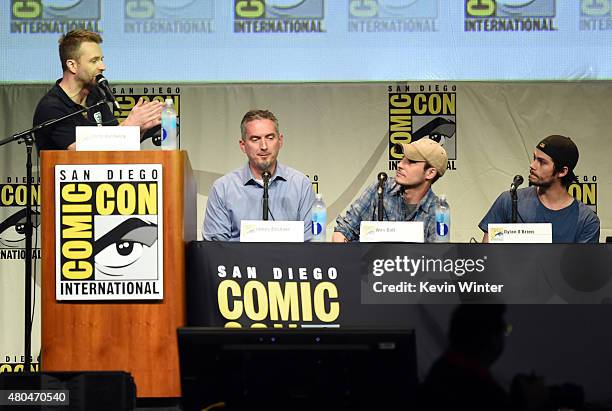 Moderator Chris Hardwick, writer James Dashner, director Wes Ball and actor Dylan O'Brien speak onstage at the 20th Century FOX panel during...