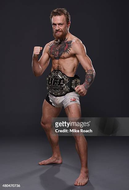 Conor McGregor poses for a portrait backstage during the UFC 189 event inside MGM Grand Garden Arena on July 11, 2015 in Las Vegas, Nevada.