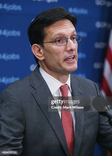 House Majority Leader Eric Cantor speaks to the media after attending the weekly House Republican conference at the U.S. Capitol March 25, 2014 in...