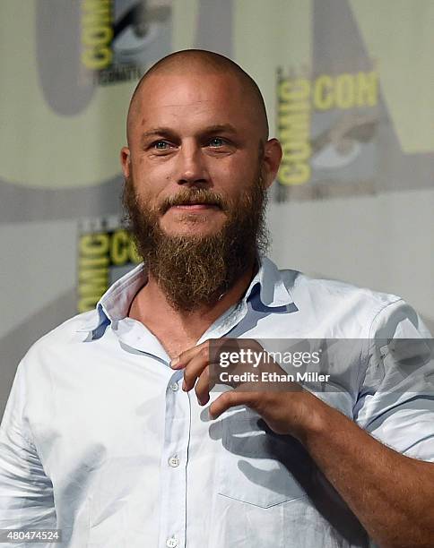 Actor Travis Fimmel attends a panel for the History series "Vikings" during Comic-Con International 2015 at the San Diego Convention Center on July...