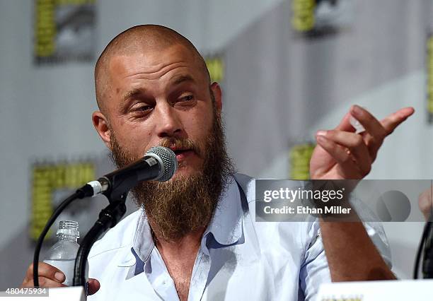 Actor Travis Fimmel attends a panel for the History series "Vikings" during Comic-Con International 2015 at the San Diego Convention Center on July...