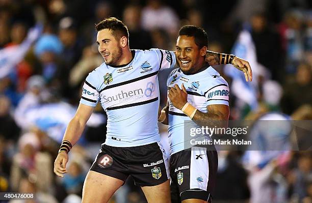 Ben Barba and Jack Bird of the Sharks celebrate a try by Barba during the round 18 NRL match between the Cronulla Sharks and the St George Illawarra...