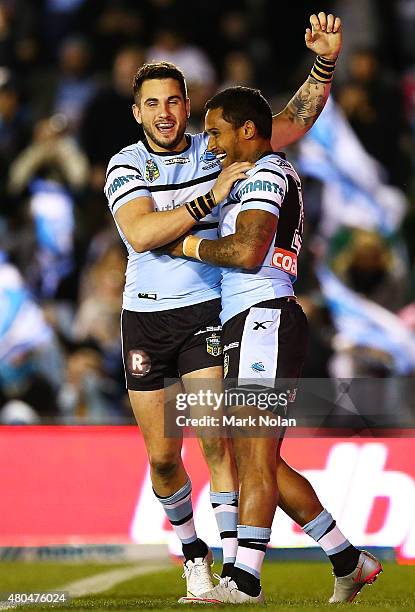 Ben Barba and Jack Bird of the Sharks celebrate a try by Barba during the round 18 NRL match between the Cronulla Sharks and the St George Illawarra...