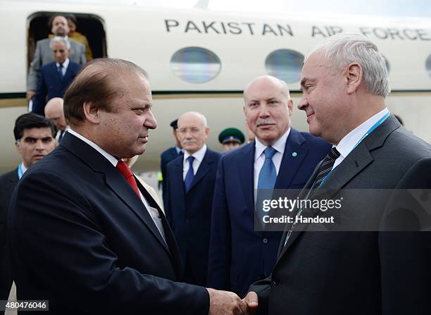 In this handout image supplied by Host Photo Agency / RIA Novosti, Prime Minister of the Islamic Republic of Pakistan Muhammad Nawaz Sharif arrives...