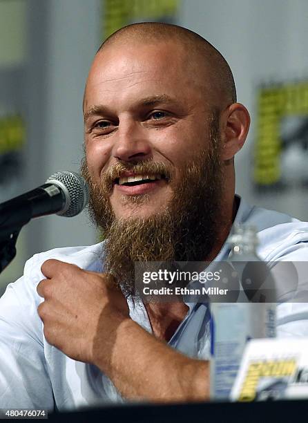 Actor Travis Fimmel attends a panel for the History series "Vikings" during Comic-Con International 2015 at the San Diego Convention Center on July...