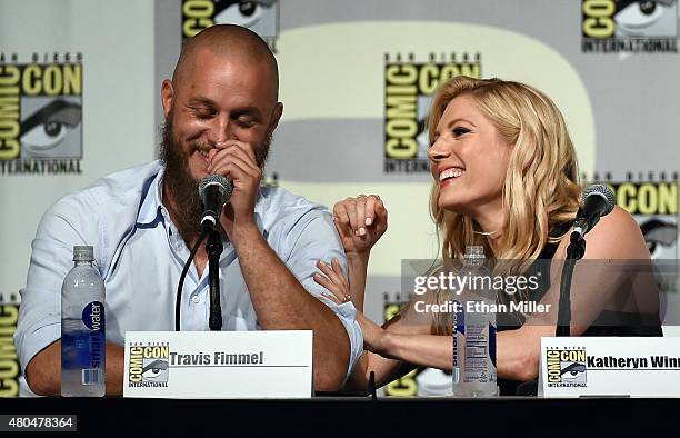 Actor Travis Fimmel and actress Katheryn Winnick attend a panel for the History series "Vikings" during Comic-Con International 2015 at the San Diego...