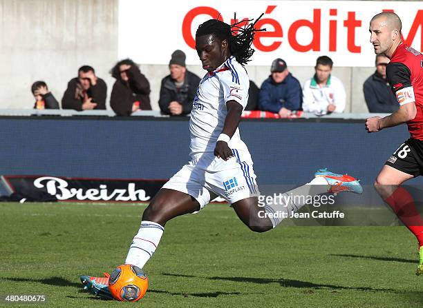 Bafetimbi Gomis of Lyon in action during the french Ligue 1 match between EA Guingamp FC and Olympique Lyonnais OL at Stade de Roudourou on March 23,...