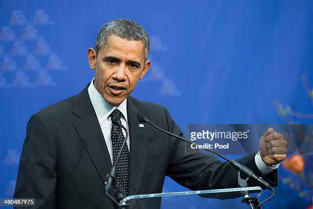 President Barack Obama speaks during a press conference March 25, 2014 in The Hague, the Netherlands. Leaders from around the world have come to...
