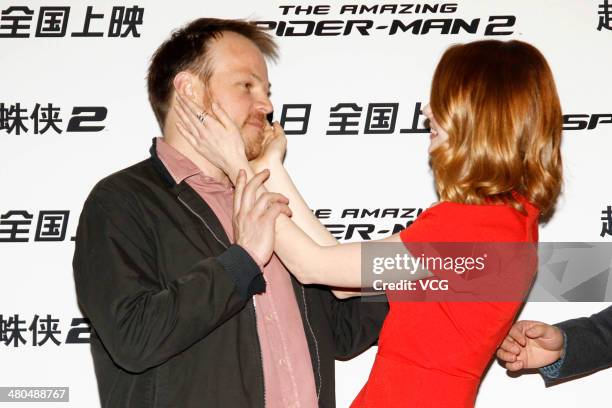 Director Marc Webb and actress Emma Stone attend "The Amazing Spider-Man 2: Rise Of Electro" press conference at Palace Cinema on March 25, 2014 in...