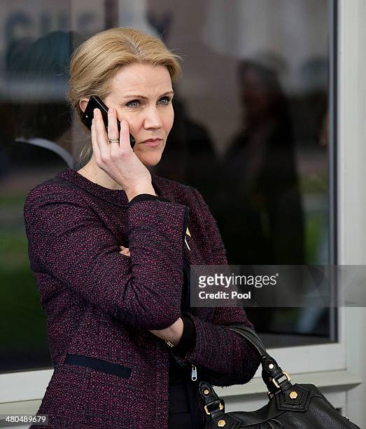 Prime Minister of Denmark Helle Thorning-Schmidt departs at the conclusion of the 2014 Nuclear Security Summit on March 25, 2014 in The Hague,...