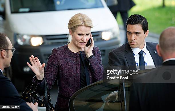 Prime Minister of Denmark Helle Thorning-Schmidt departs at the conclusion of the 2014 Nuclear Security Summit on March 25, 2014 in The Hague,...