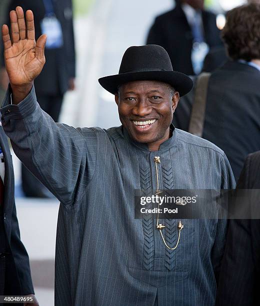 President of Nigeria Goodluck Ebele Azikiwe Jonathan departs at the conclusion of the 2014 Nuclear Security Summit on March 25, 2014 in The Hague,...