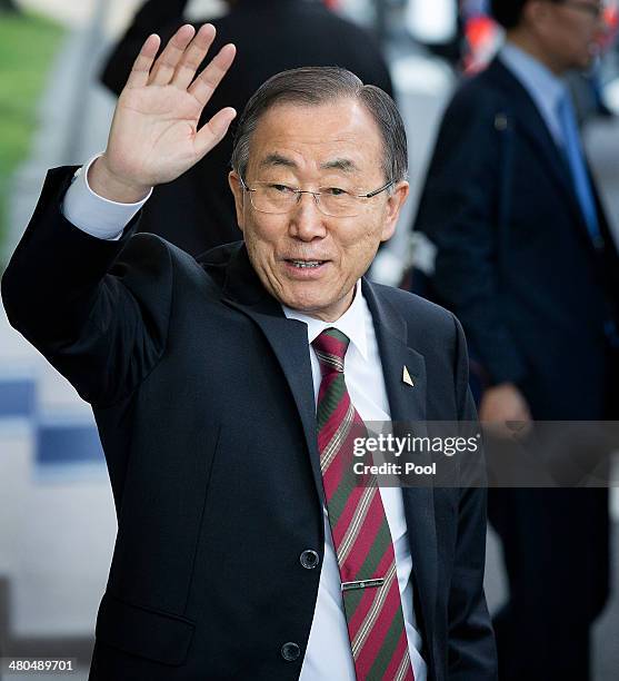 Secretary-General of the United Nations Ban Ki-moon departs at the conclusion of the 2014 Nuclear Security Summit on March 25, 2014 in The Hague,...