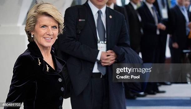 Julie Bishop, minister of Foreign Affairs of Australia, departs at the conclusion of the 2014 Nuclear Security Summit on March 25, 2014 in The Hague,...