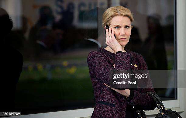 Prime Minister of Denmark Helle Thorning-Schmidt departs at the conclusion of the 2014 Nuclear Security Summit on March 25, 2014 in The Hague,...