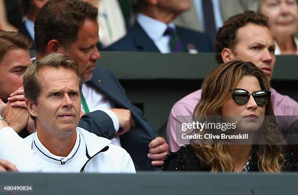 Wife Mirka Federer, coach Stefan Edberg attend day thirteen of the Wimbledon Lawn Tennis Championships at the All England Lawn Tennis and Croquet...