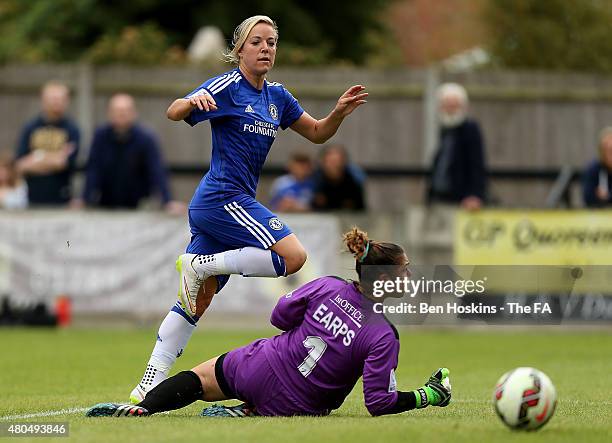 Gemma Davison of Chelsea scores her team's second goal of the game during the WSL match between Chelsea Ladies FC and Bristol Academy Women on July...