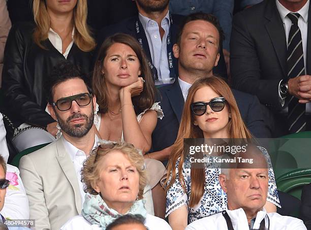 Sacha Baron Cohen, Jools Oliver, Jamie Oliver and Isla Fisher attend day 13 of the Wimbledon Tennis Championships at Wimbledon on July 12, 2015 in...