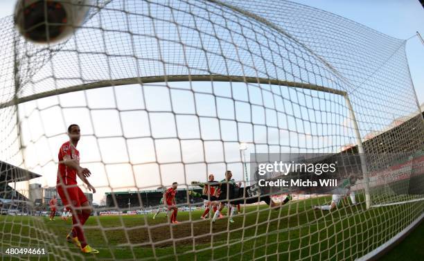 Ilir Azemi of Fuerth scores the opening goal during the second Bundesliga match between Greuther Fuerth and Fortuna Duesseldorf at Trolli-Arena on...