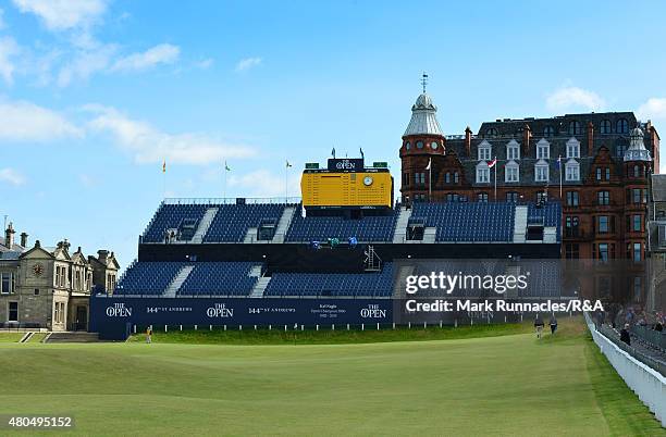 General views of the giant grandstands on the 1st and 18th holes during the 144th Open Previews at the Old Course on July 12, 2015 in St Andrews,...