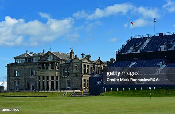 General views of the giant grandstands on the 1st and 18th holes during the 144th Open Previews at the Old Course on July 12, 2015 in St Andrews,...