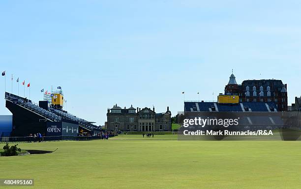 General views of the giant grandstands on the 1st and 18th holes during the 144th Open Previews at the Old Course on July 12, 2015 in St Andrews,...