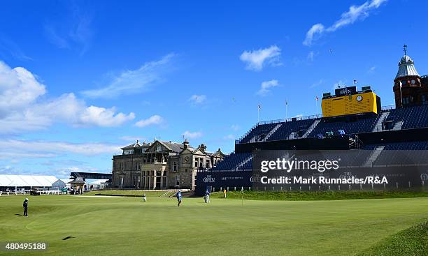 General views of the giant grandstands on the 1st and 18th holes during the 144th Open Previews at the Old Course on July 12, 2015 in St Andrews,...