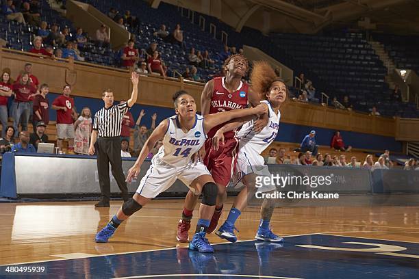 Playoffs: DePaul Brittany Hrynko and Jessica January in action vs Oklahoma Sharane Campbell at Cameron Indoor Arena. Durham, NC 3/22/2014 CREDIT:...