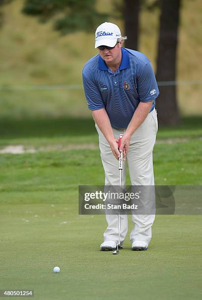 Brad Fritsch lines his putt on the fourth hole during the third round of the Web.com Tour Albertsons Boise Open presented by Kraft Nabisco at...