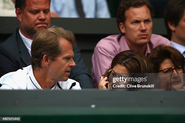 Wife Mirka Federer and coach Stefan Edberg attend day thirteen of the Wimbledon Lawn Tennis Championships at the All England Lawn Tennis and Croquet...