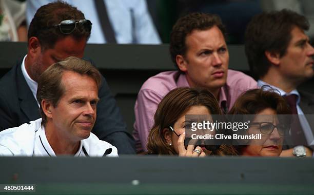 Wife Mirka Federer and coach Stefan Edberg attend day thirteen of the Wimbledon Lawn Tennis Championships at the All England Lawn Tennis and Croquet...