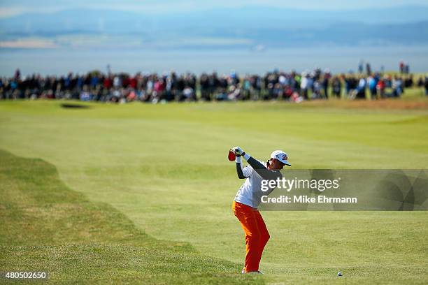 Rickie Fowler of the United States hits an approach shot on the second hole during the final round of the Aberdeen Asset Management Scottish Open at...