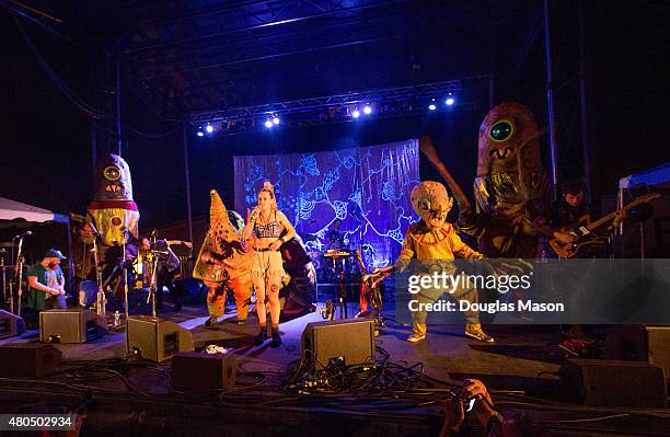 Big Nazo sit in with Rubblebucket during their performance at the Green River Festival 2015 at Greenfield Community College on July 11, 2015 in...