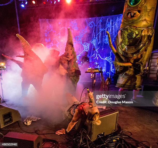 Big Nazo sit in with Rubblebucket during their performance at the Green River Festival 2015 at Greenfield Community College on July 11, 2015 in...