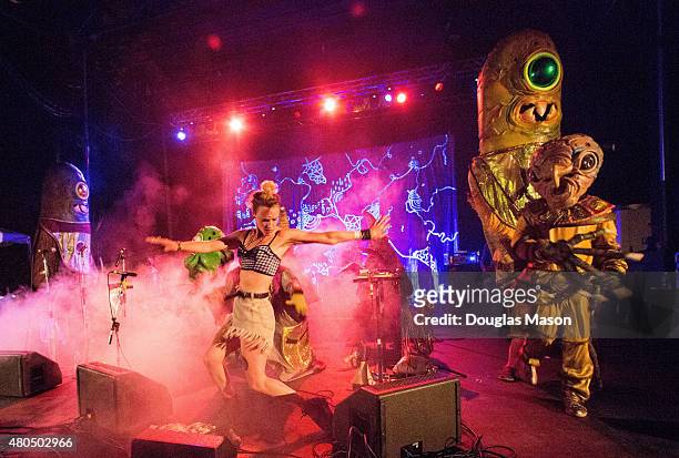 Big Nazo sit in with Rubblebucket during their performance at the Green River Festival 2015 at Greenfield Community College on July 11, 2015 in...