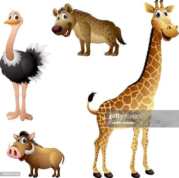 comic afrikanische tier set-straußenleder, hyäne, warzenschwein, giraffe - hyena stock-grafiken, -clipart, -cartoons und -symbole