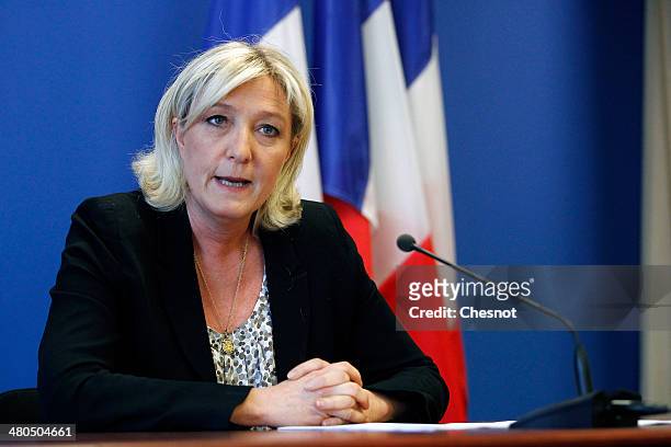 Marine Le Pen , President French far-right party National Front delivers a speech during a press conference following the first round of the mayoral...