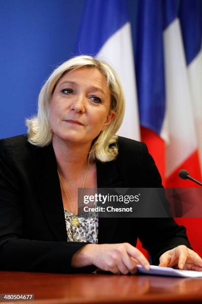 Marine Le Pen , President French far-right party National Front delivers a speech during a press conference following the first round of the mayoral...