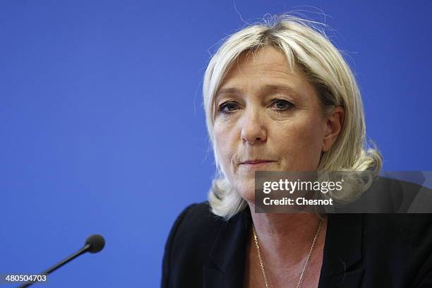 Marine Le Pen , President French far-right party National Front delivers a speech during a press conference following the first round of the mayoral...