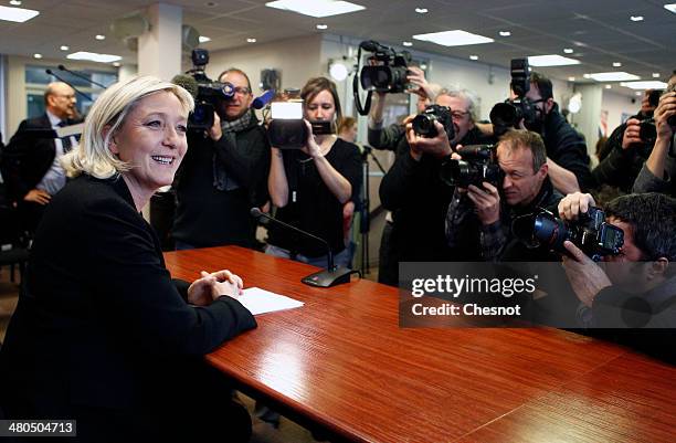 Marine Le Pen , President French far-right party National Front delivers a speech during a press conference following the first round of the mayoral...