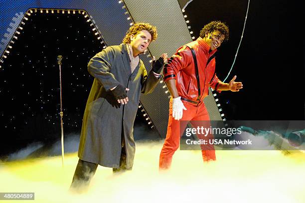American Duos" Episode 201 -- Pictured: James Roday as Shawn Spencer as Roland Orzabal, Dule Hill as Burton 'Gus' Guster as Michael Jackson --
