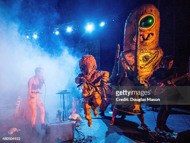 Big Nazo sit in with Rubblebucket during their performance at the Green River Festival 2015 at Greenfield Community College on July 11, 2015 in...
