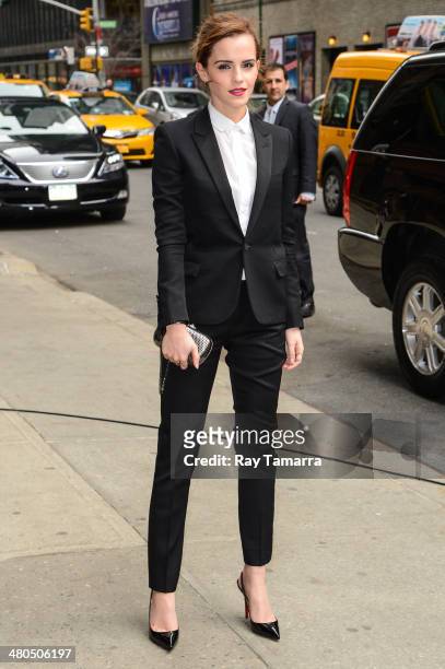 Actress Emma Watson enters the "Late Show With David Letterman" taping at the Ed Sullivan Theater on March 25, 2014 in New York City.