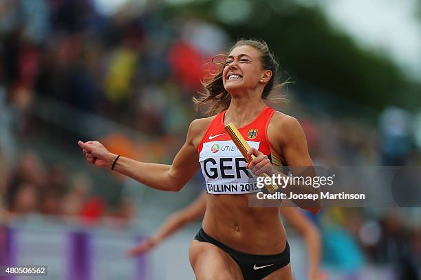 Anna-Lena Freese of Germany celebrates winning the Women's 4x100m Relay on day four of the European Athletics U23 Championships at Kadriorg Stadium...