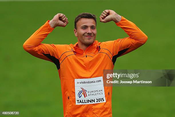 Pieter Braun of Netherlands celebrates winning the Decathlon on day four of the European Athletics U23 Championships at Kadriorg Stadium on July 9,...