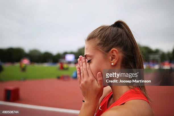 Anna-Lena Freese of Germany reacts after winning the Women's 4x100m Relay on day four of the European Athletics U23 Championships at Kadriorg Stadium...
