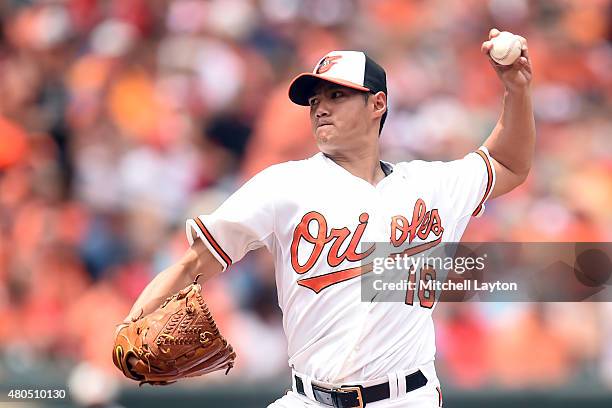 Wei-Yin Chen of the Baltimore Orioles pitches in the second inning during a baseball game against the Washington Nationals at Oriole Park at Camden...